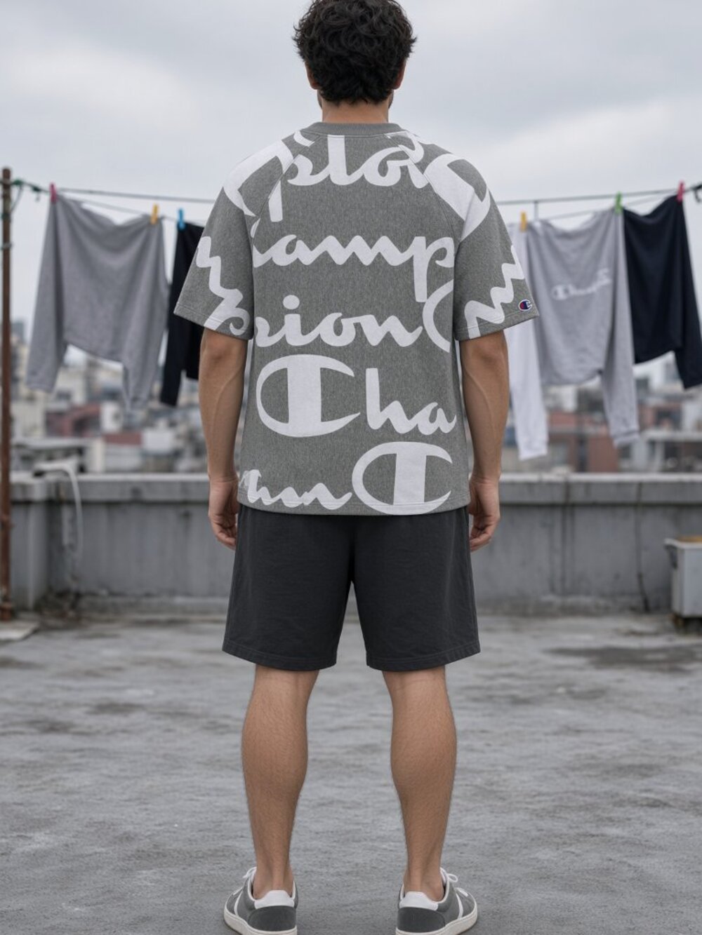 Champion Men Gray Short-Sleeve Reverse Weave Crew Oversized C Script AOP US XS